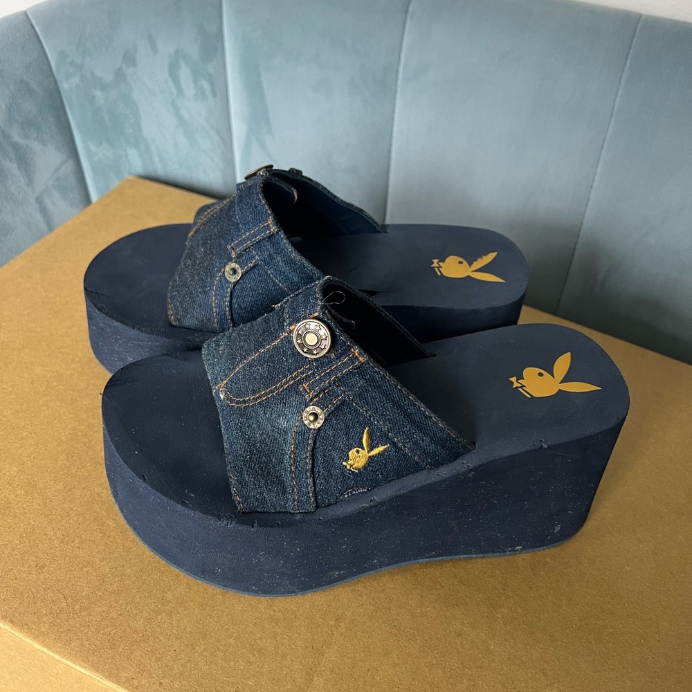 PLAYBOY Navy Denim Platform Slide Clogs with Gold Bunny